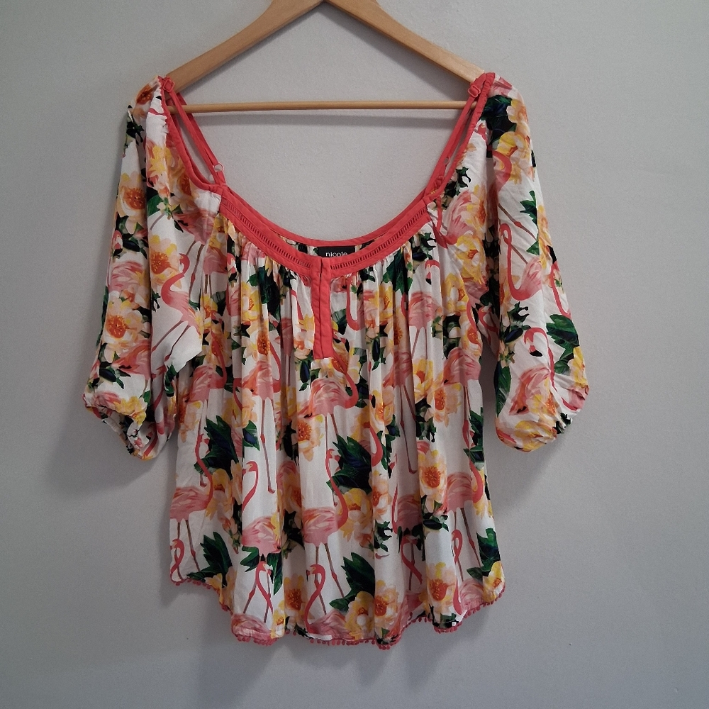 Nicole by Nicole Miller Flamingo Cold Shoulder Rayon Top Blouse Size Small